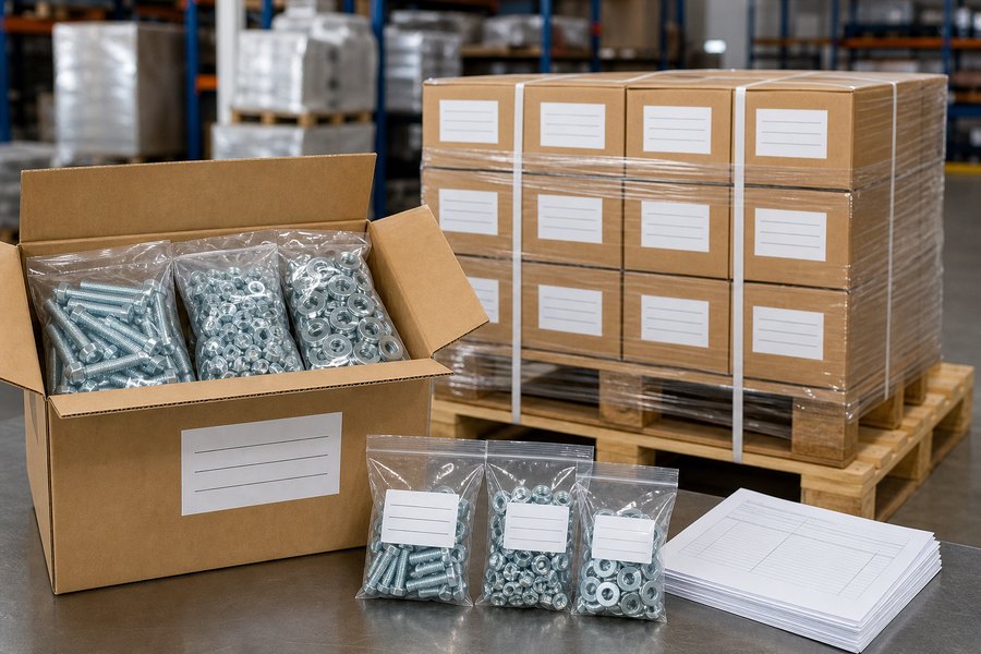 Fastener export packing with batch labels and palletized cartons