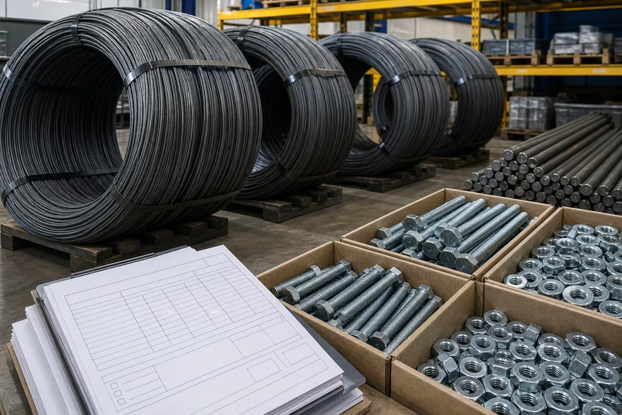 Steel wire rod coils and fasteners with blank material certificate forms
