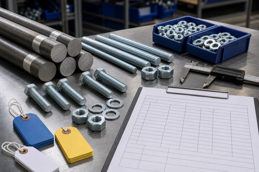 Fastener MTC and heat number traceability inspection with bolts and steel samples