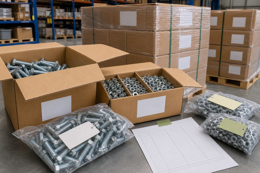 Export cartons and bagged fasteners with blank batch labels