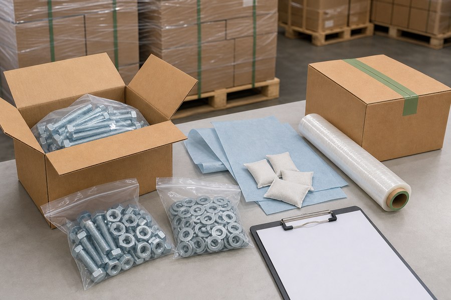 Moisture-protected fastener packing with VCI paper and blank checklist