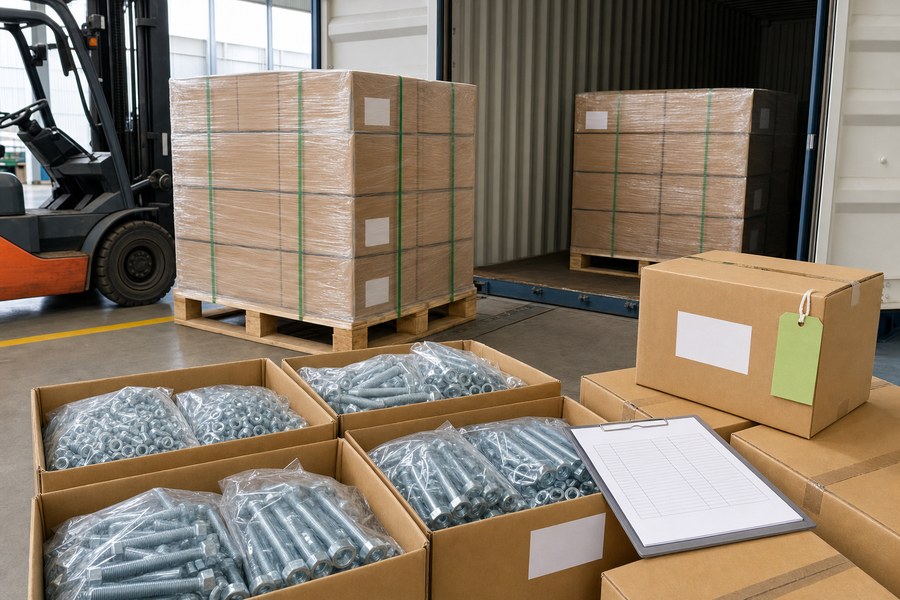 Fastener cartons, pallets and blank batch labels before container loading