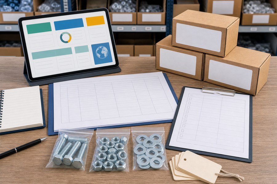 Fastener tariff and traceability documents with blank labels and samples
