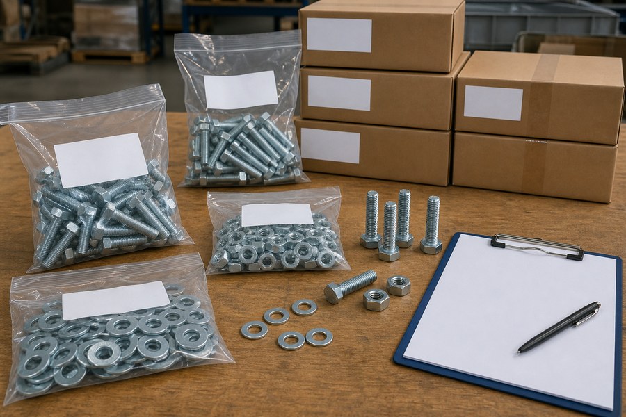 Bagged fasteners and blank cartons prepared for batch traceability and packing review