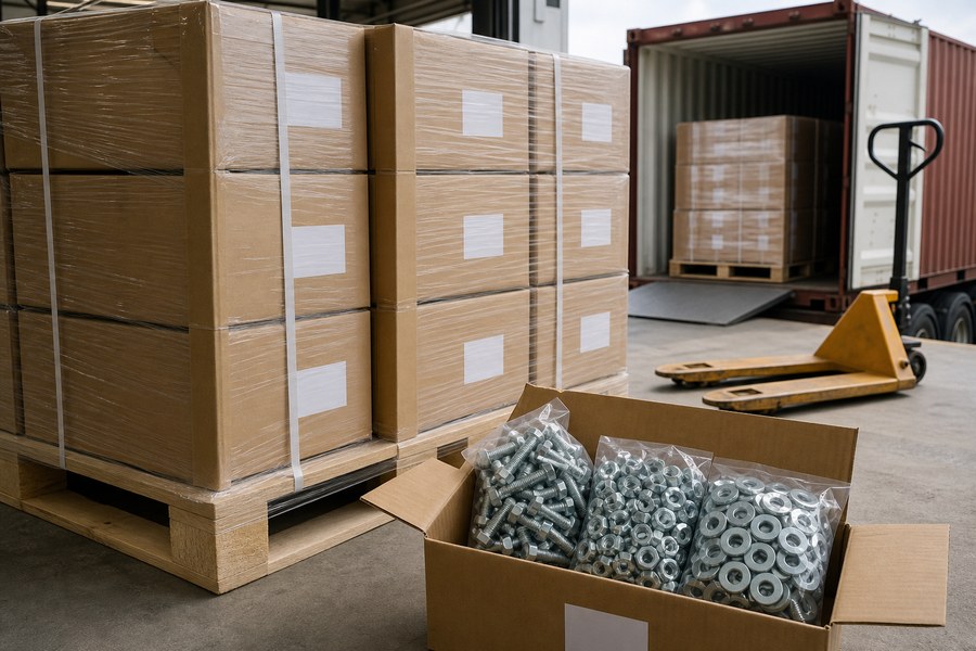 Palletized fastener cartons prepared beside an export container for delivery coordination