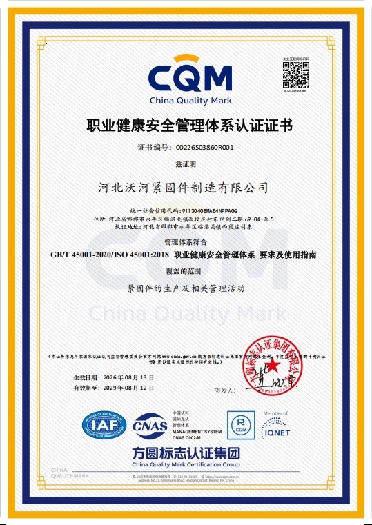 沃河 ISO 45001 职业健康安全管理体系认证证书