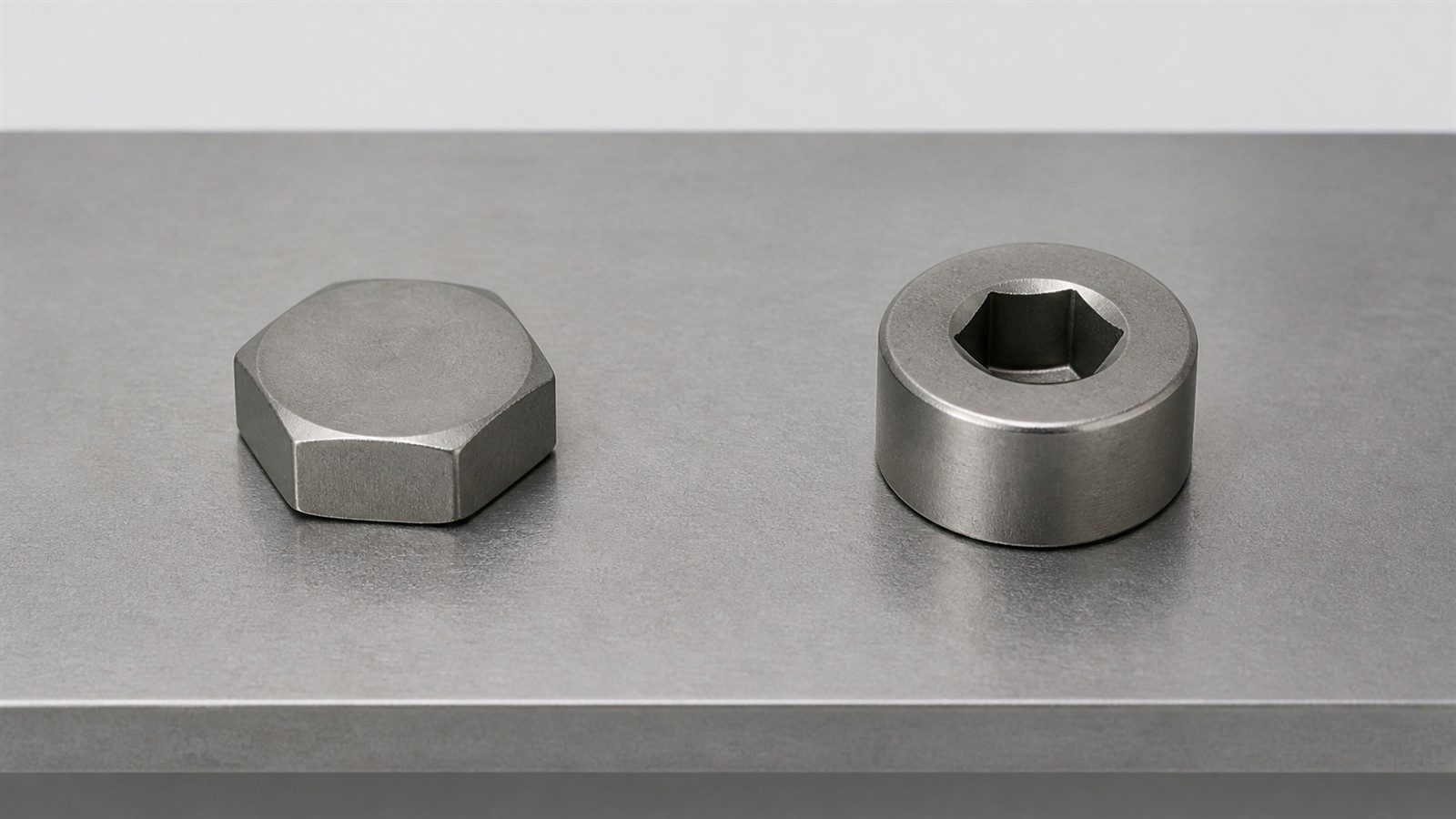 An external hexagon head and a cylindrical head with a centred blind internal-hexagon recess are shown on the same neutral steel plate, illustrating two distinct head and drive forms.