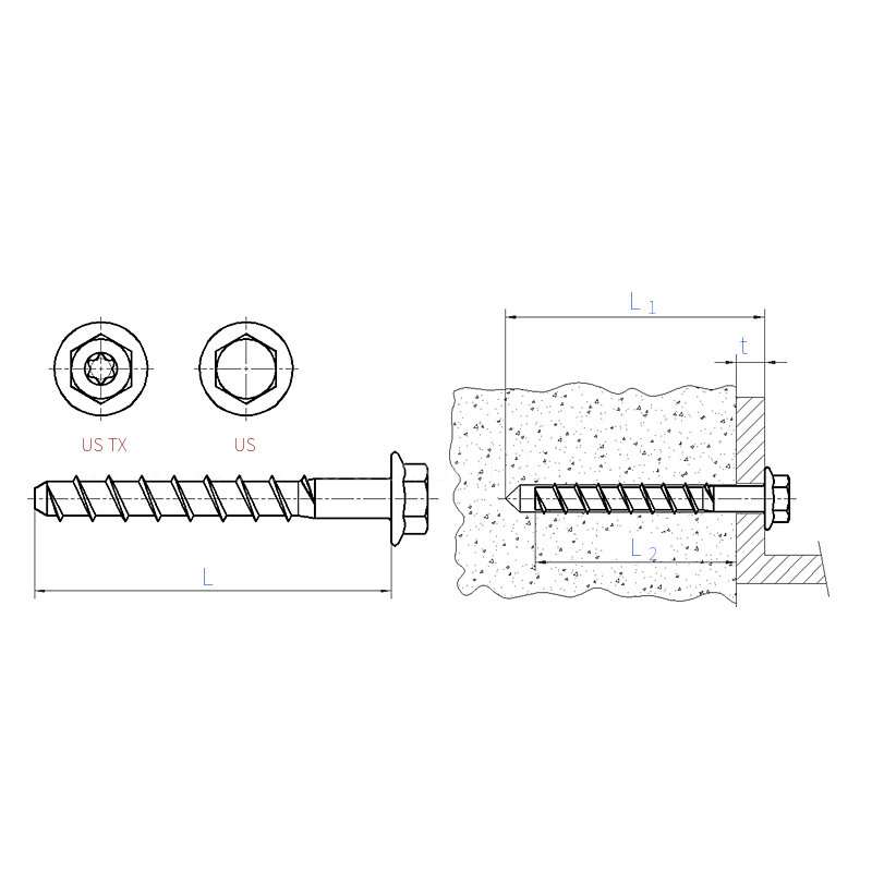 Concrete Undercut Self-Tapping Anchor, Hex Flange Head (US)
